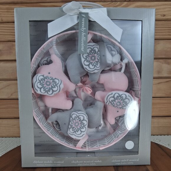 NEW Wendy Bellissimo Elephant Musical Mobile Pink & Grey plays Brahm's Lullaby - Picture 1 of 6